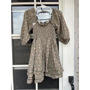 Noralee Girls Sage Green Floral Smocked Tiered Ruffle Puff Sleeve Dress Size 6